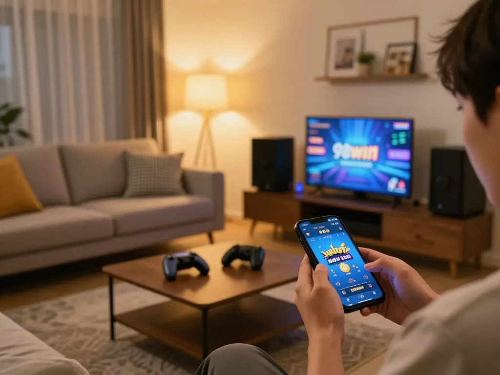 Engaging with the app 98win on a smartphone in a cozy home gaming environment.