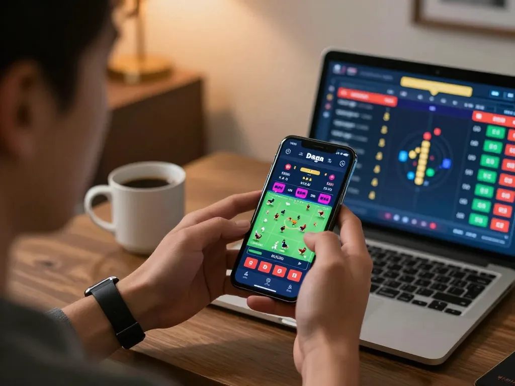 Daga player placing live cockfighting bets on smartphone while relaxing in a modern living room environment