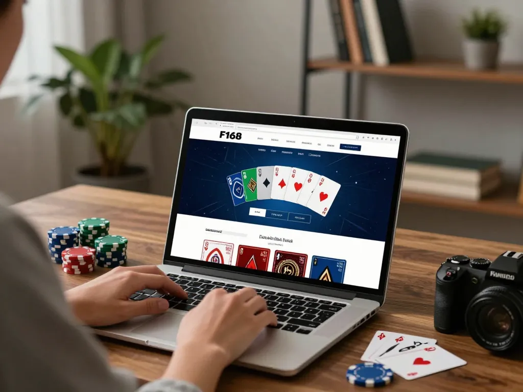 Person engaging with the F168 casino platform on a laptop, surrounded by poker cards and chips