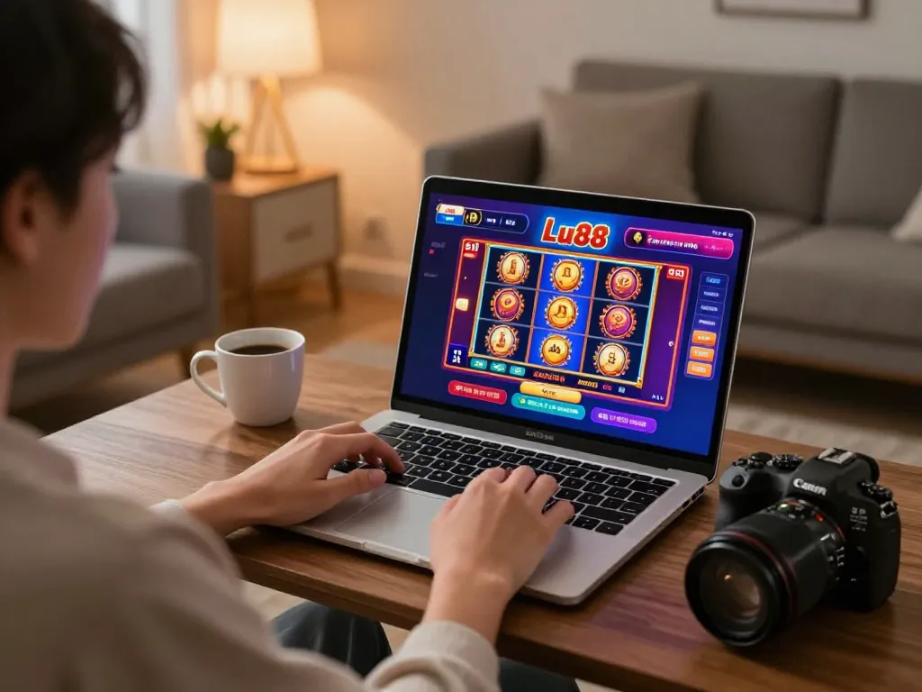 Player engaging with Lu88 online casino on laptop in a cozy home environment.