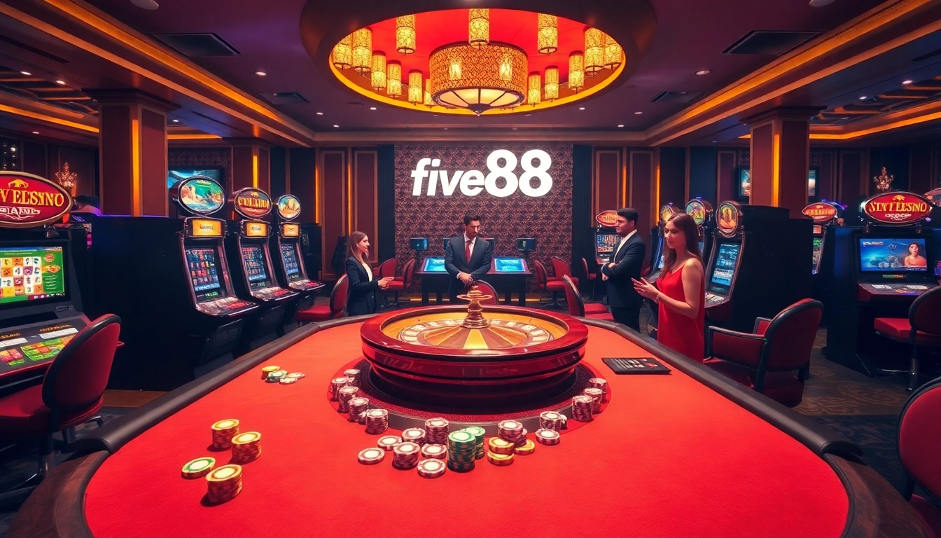 Experience the excitement of five88 with vibrant casino tables and spinning roulette.