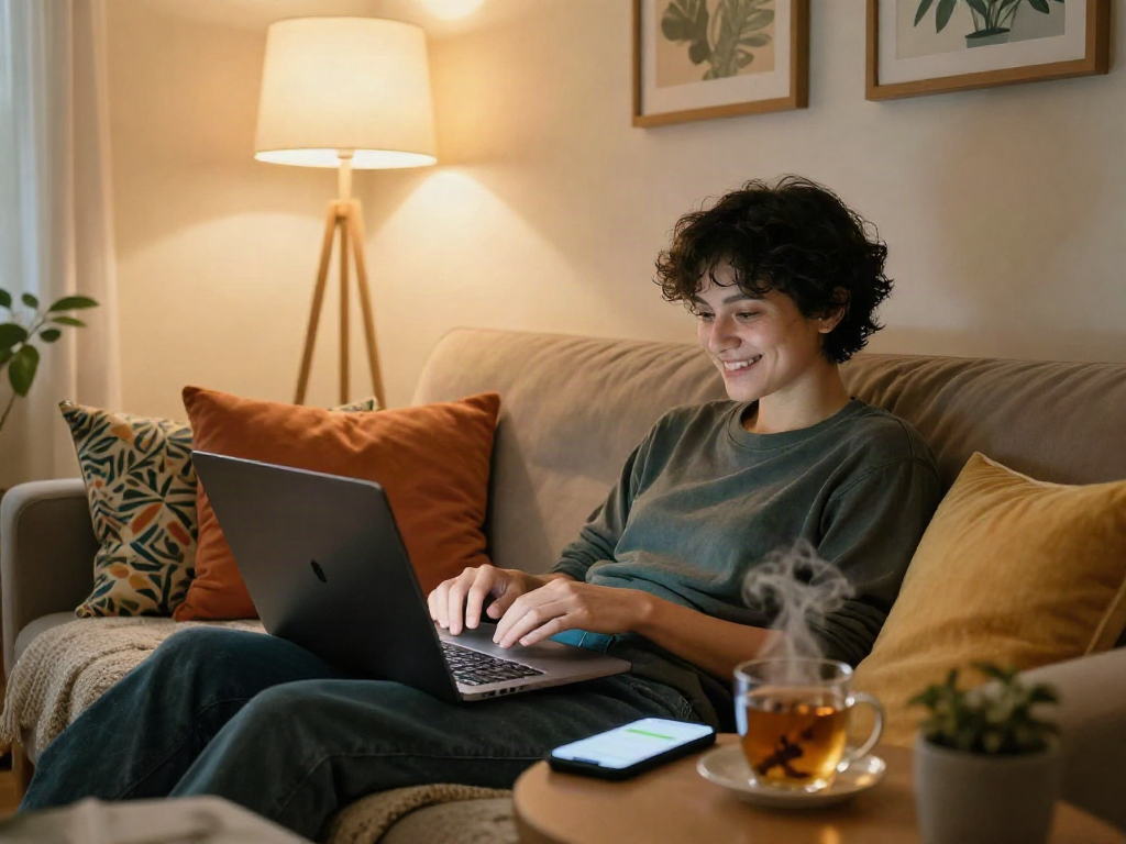 Sexting AI interaction in a cozy living room, showcasing a relaxed vibe.