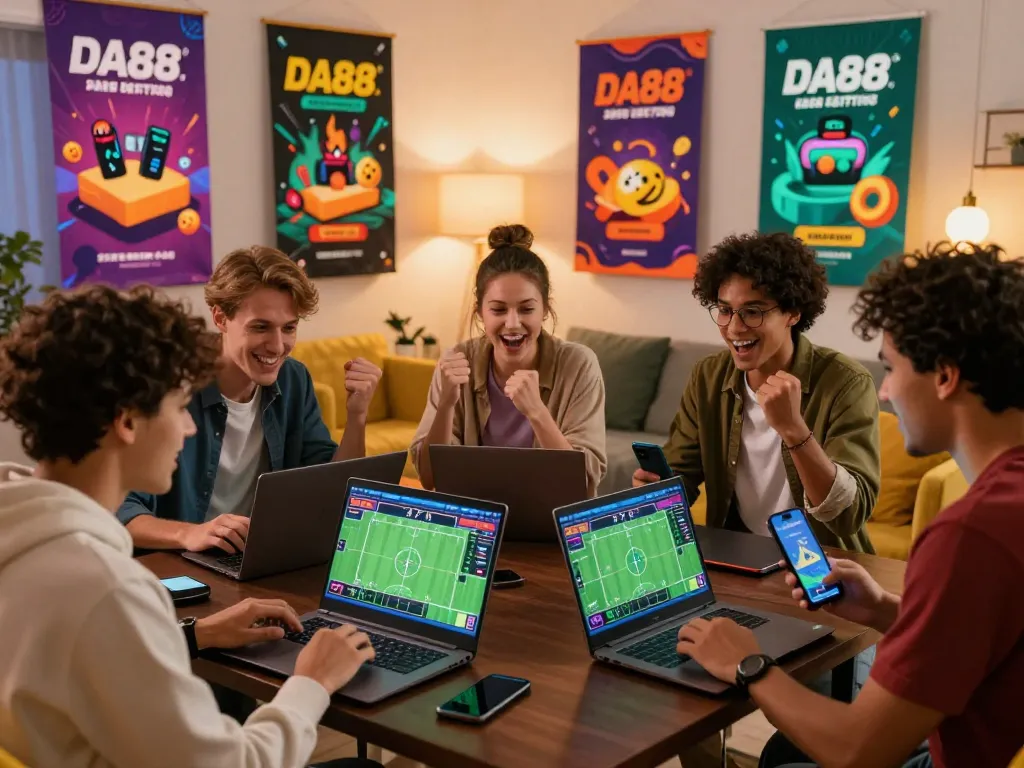 Excited players enjoying sports betting at DA88, celebrating wins in a lively online gaming environment.