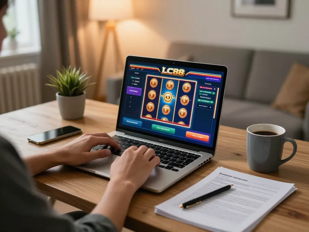 Playing LC88 online casino slots from a cozy home office setup with notes and coffee.