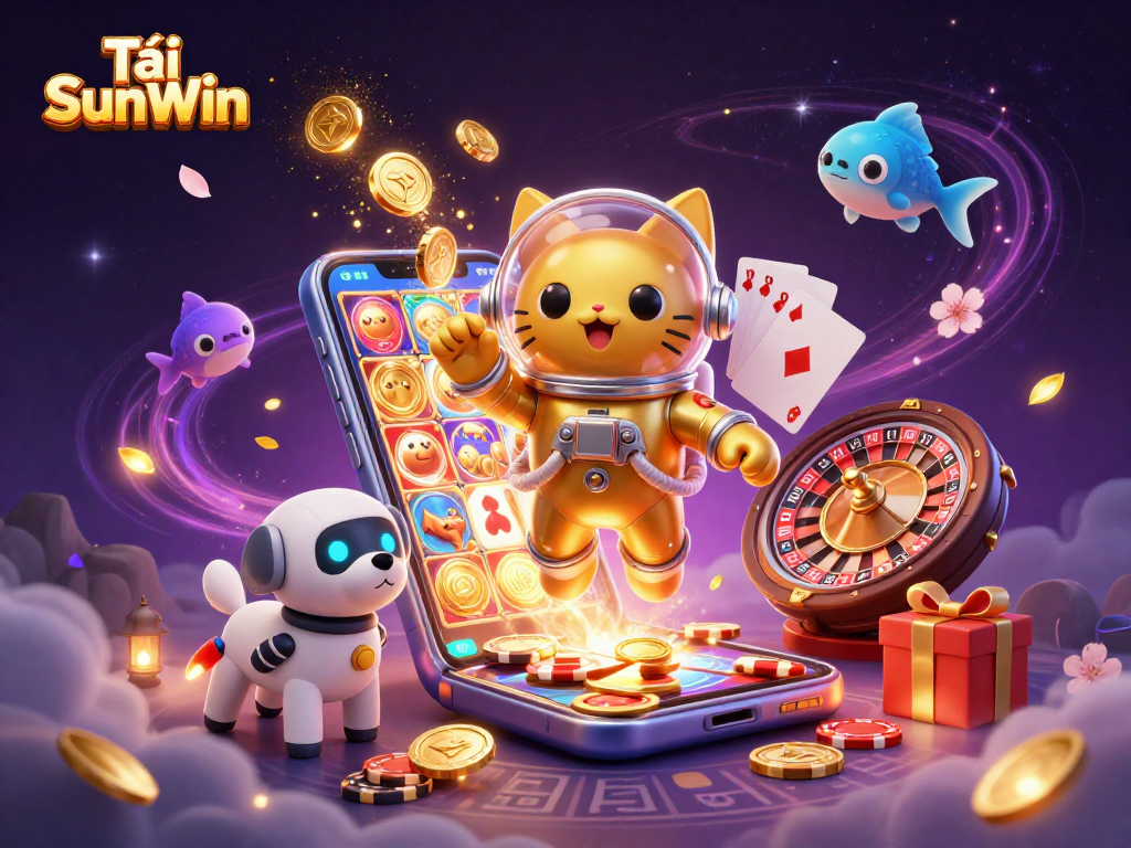 Tải SunWin with an astronaut cat and robotic dog in a vibrant gambling scene featuring slots and cards.