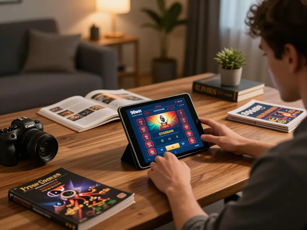 Engaging with the 98win online casino on a tablet in a cozy gaming setup.