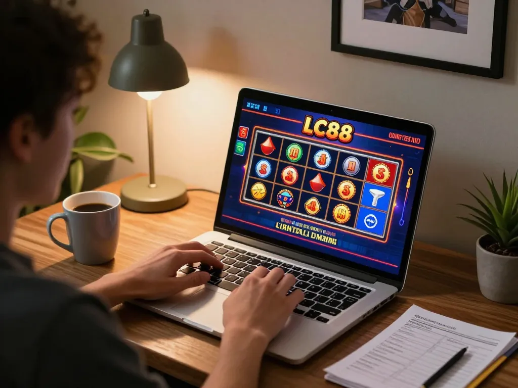 Engaged player enjoying popular games at LC88 online casino from a cozy home setting.