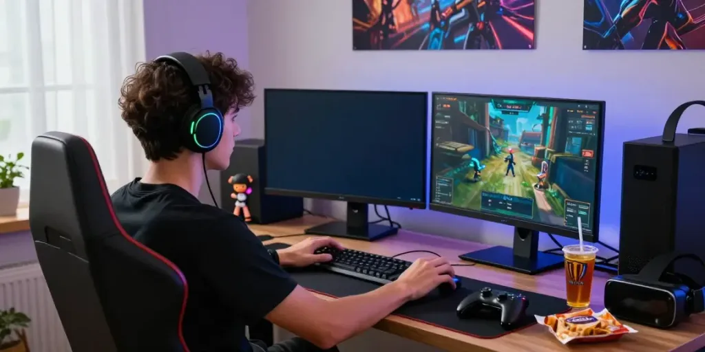 Engaging gaming setup showcasing rokok88 alternatif with monitors and RGB lighting.