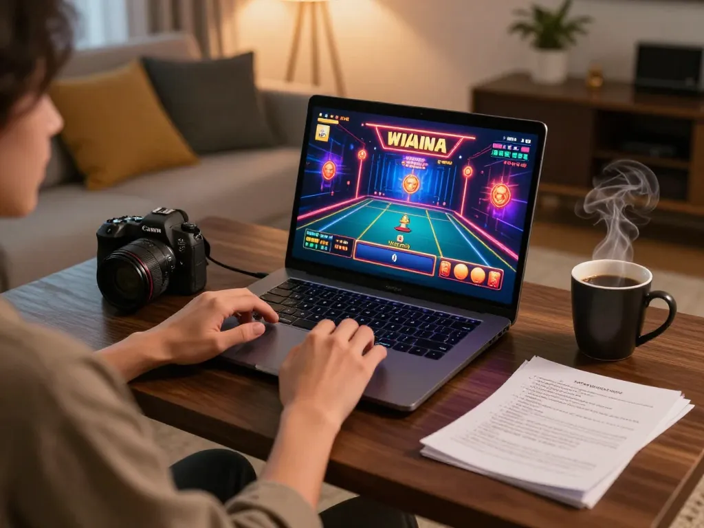 NK88 online player enjoying a vibrant gaming experience with a laptop and coffee.