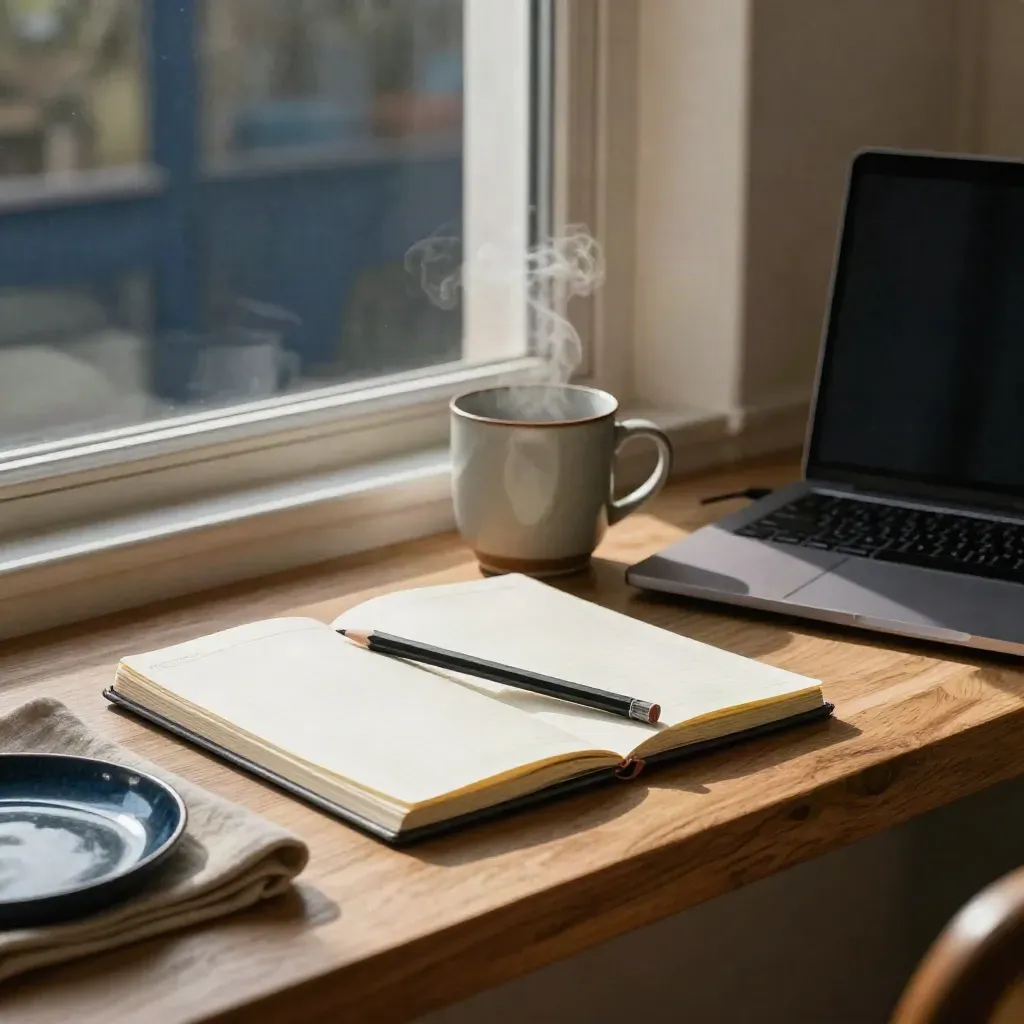 Angolo studio con planner aperto, notebook a griglia, tazza fumante e laptop chiuso alla luce del mattino.