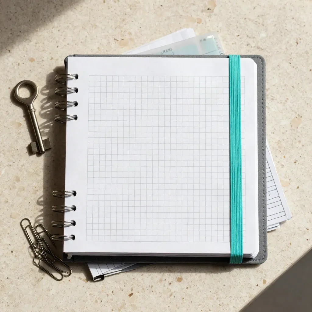 Workbook a griglia con tab turchesi, elastico e graffette su pietra travertino.