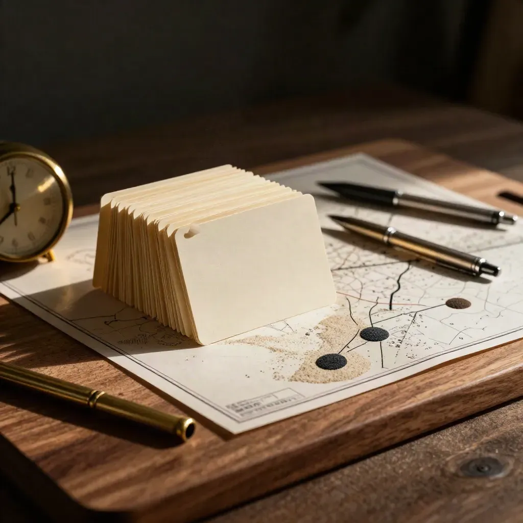 Mappa obiettivi con card, orologio in ottone e penne su legno caldo.