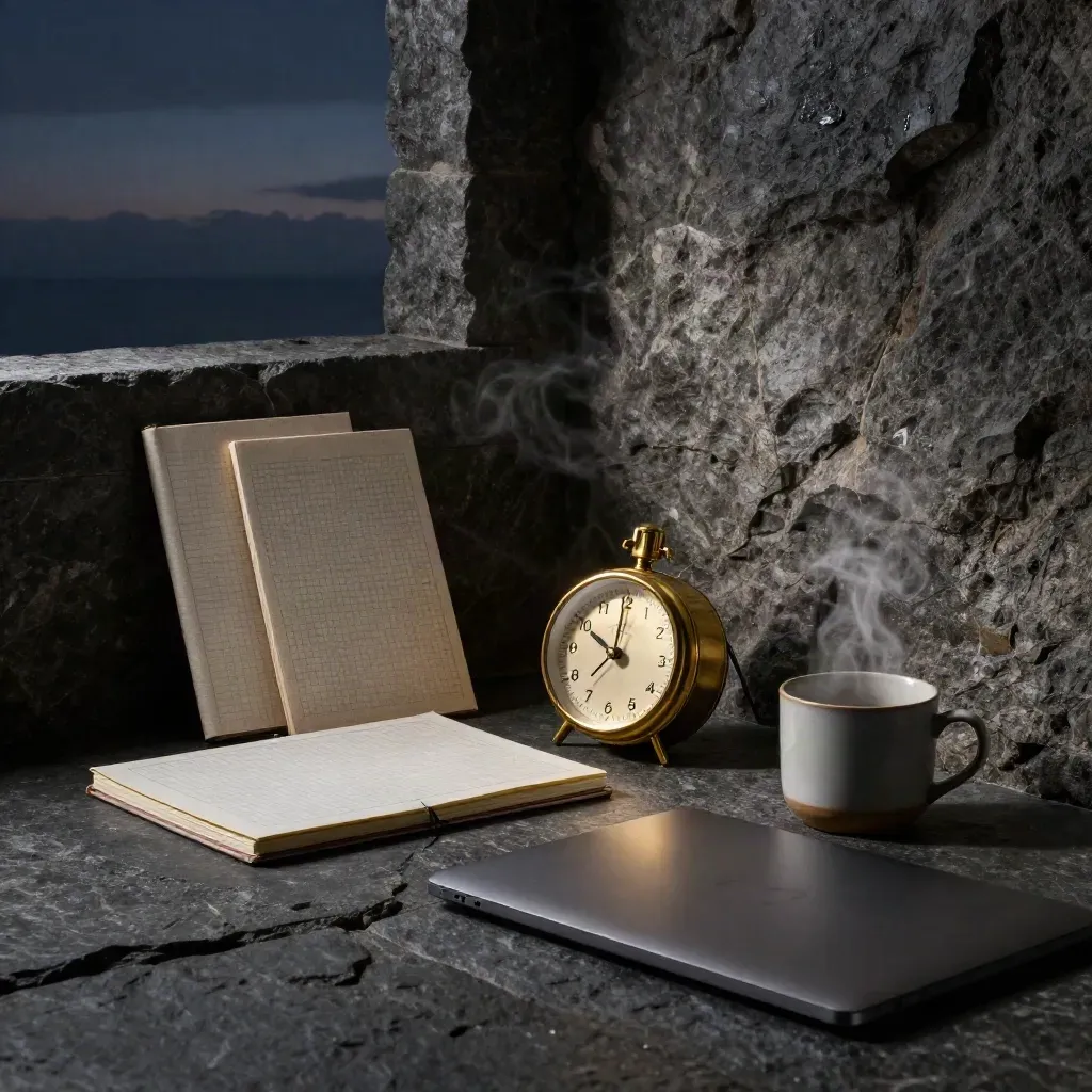 Angolo studio in pietra scura con timer in ottone, quaderni chiusi, laptop e tazza fumante.