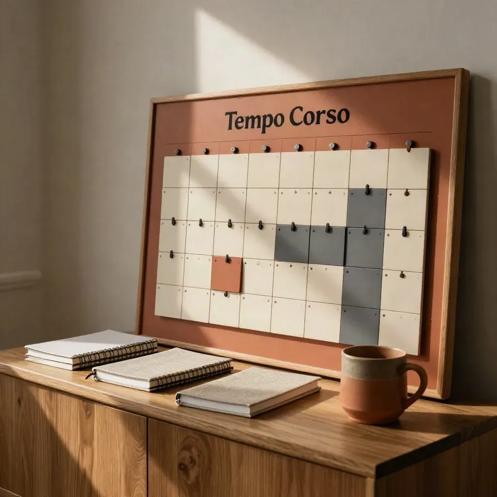 Bacheca magnetica per il team su credenza in legno, con tre quaderni e una tazza in luce calda.