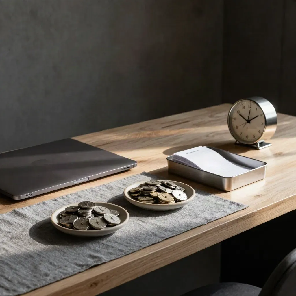 Stazione di fatturazione freelance con laptop chiuso, gettoni orari, vassoio ricevute e orologio sottile.