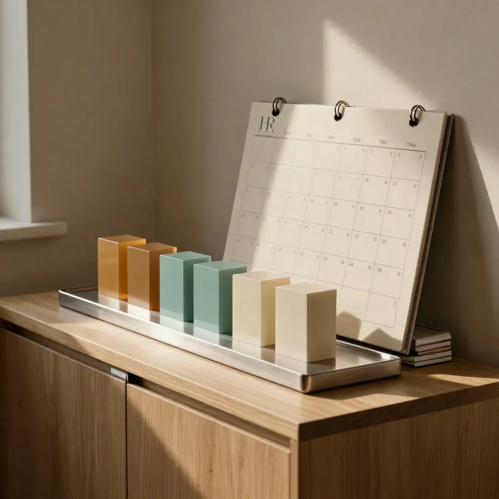 Ufficio luminoso con vaschette, blocchi colore e pannello piegato ordinati per le scadenze HR