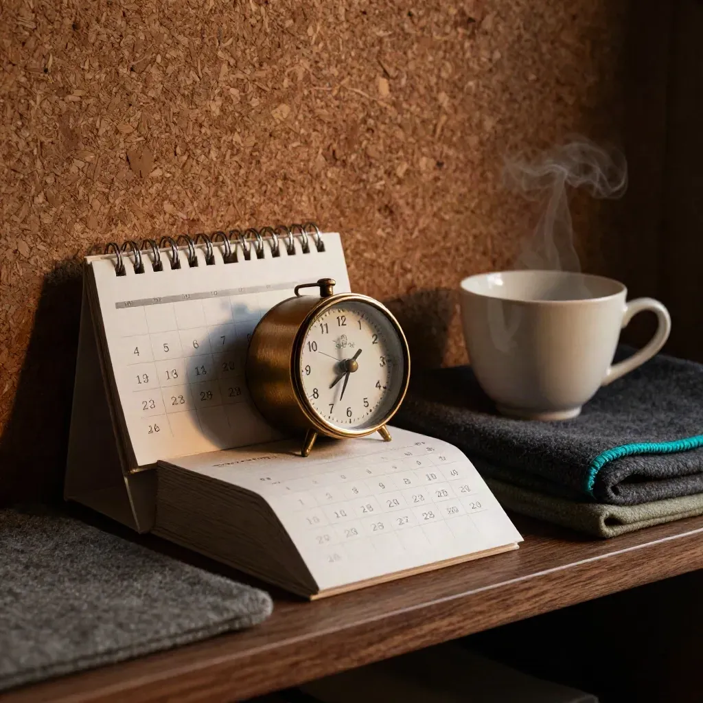 Dettaglio macro di calendario serale, tazza di tè, timer e coperta in luce cinematografica.
