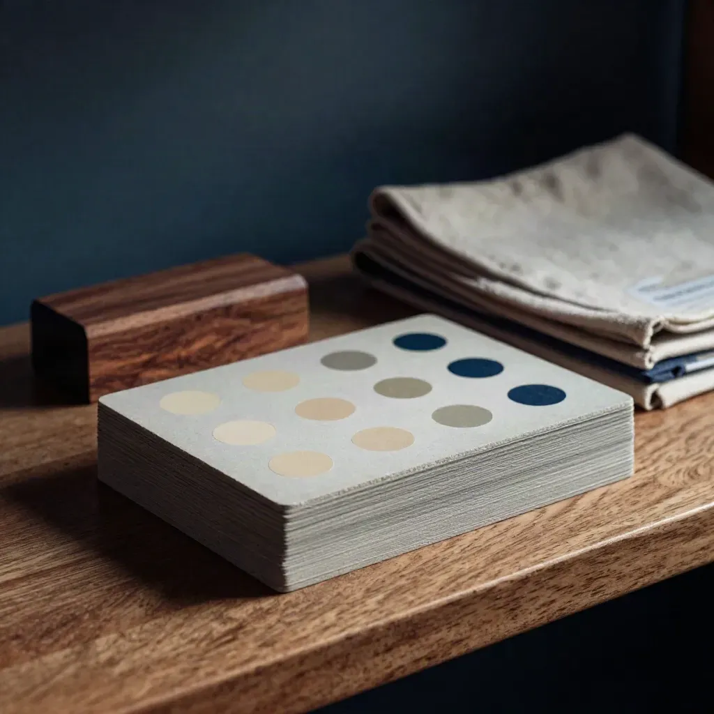 Carte di facilitazione, blocco in legno e dot adesivi su mensola, luce drammatica.