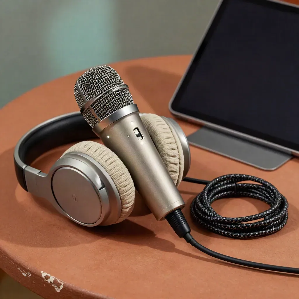 Kit da tutor live con microfono USB, cuffie e tablet su piano in terracotta.
