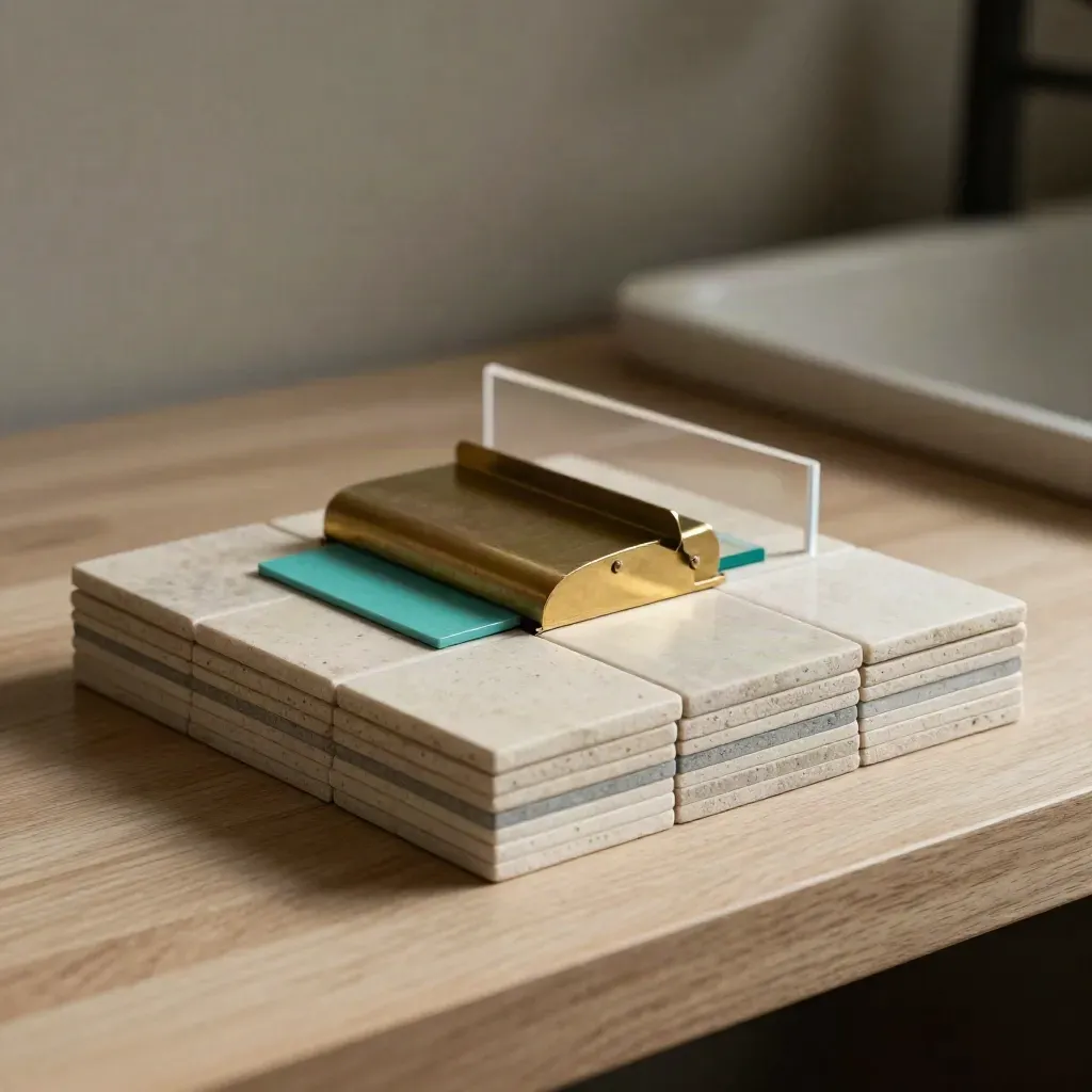 Tile corso con tab turchese e peso in ottone su legno chiaro