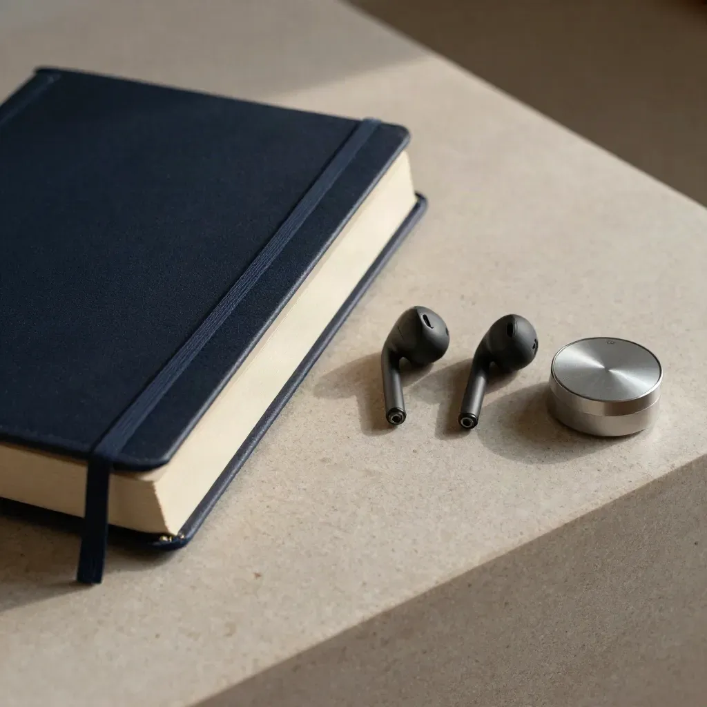 Workbook, timer ed earbuds su lastra chiara, con luce morbida laterale.
