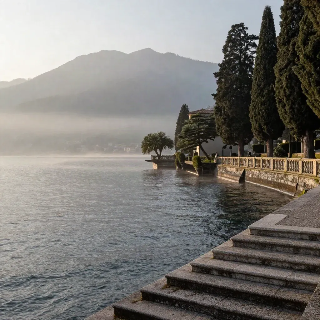 Lago di Como all’alba con terrazza di cipressi e Alpi velate nella foschia.