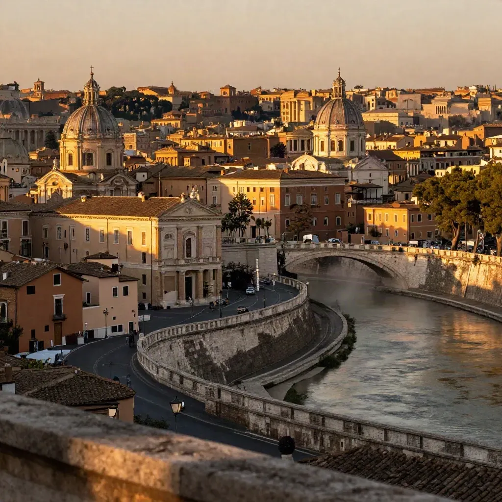 Roma al tramonto con il Tevere, cupole e tetti ocra, atmosfera calda e spazio calmo in basso