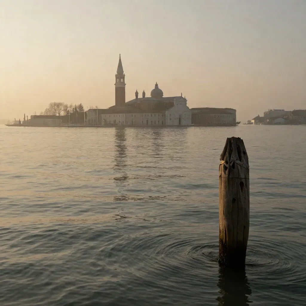 Laguna di Venezia all’alba con campanile solitario e riflessi sull’acqua calma