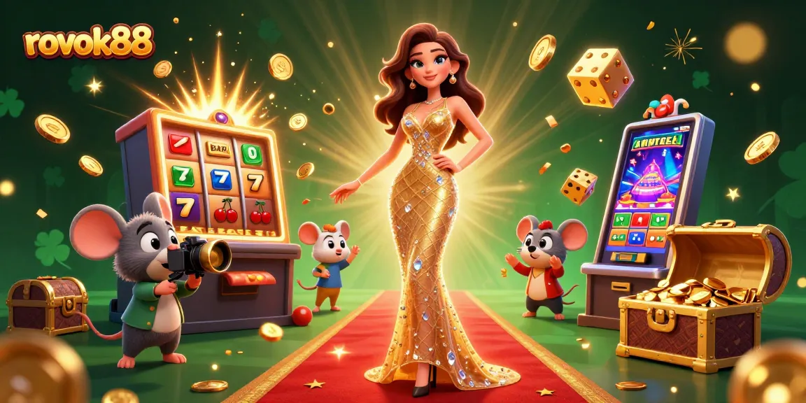 Experience excitement with rokok88 at this dazzling casino scene featuring colorful slot game elements.