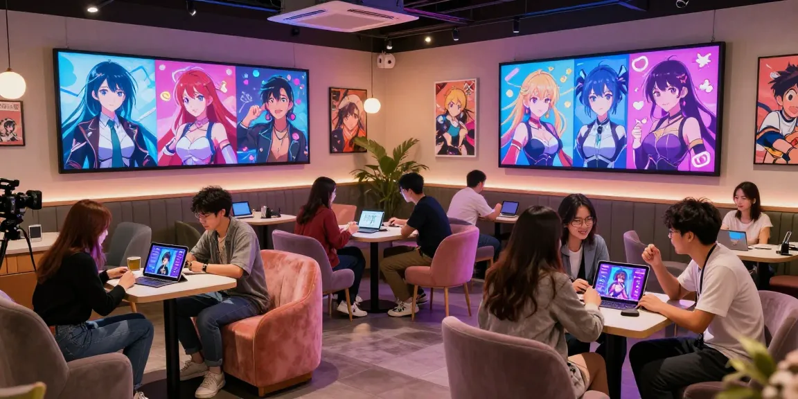 Engaging scene of users interacting with AI hentai chat characters in a vibrant digital café.