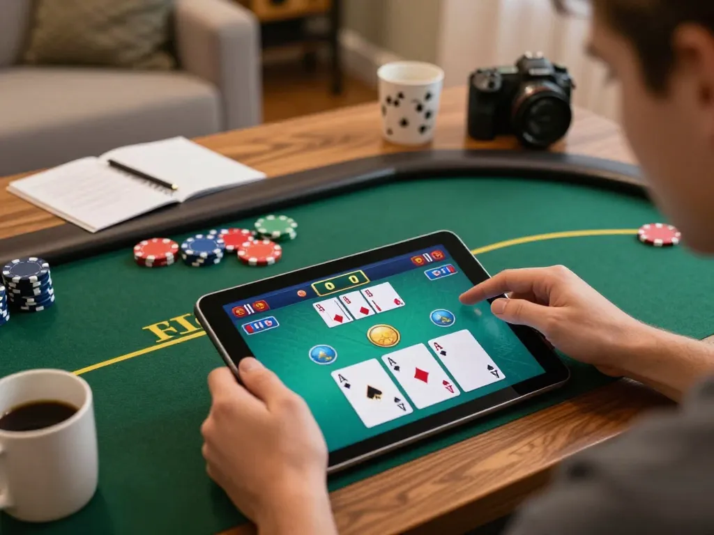 Engaging user playing poker on nk88 com online platform in a cozy home setting