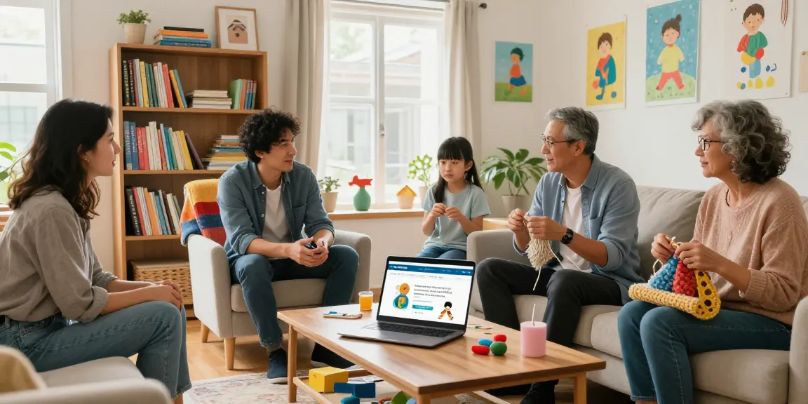 Parents discussing parenting tips on the Rokok88 platform in a cozy living room, showcasing a vibrant community atmosphere.