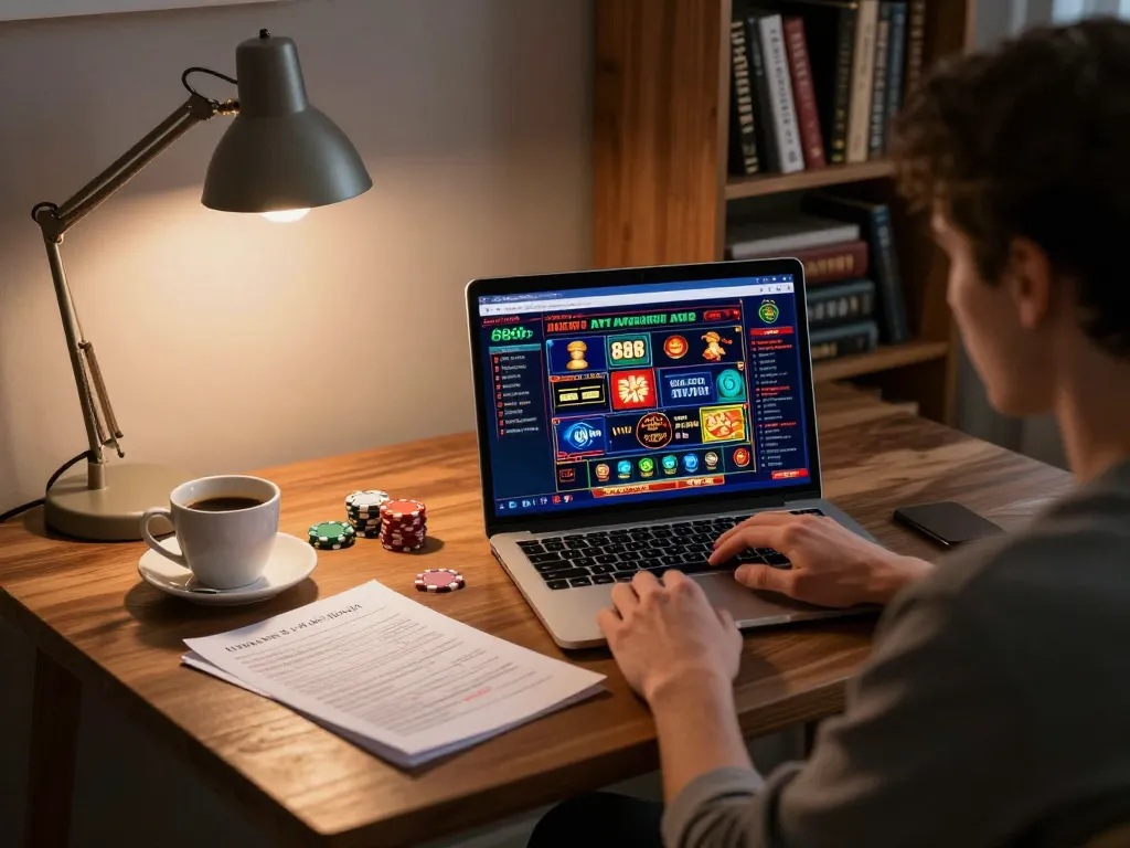 Player engaged in responsible gaming on 888b online casino setup, displaying a laptop with game interface.