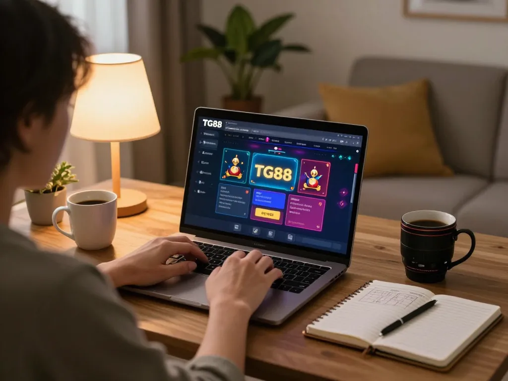 Engaging TG88 đăng ký interface during online casino gaming in a cozy home setting