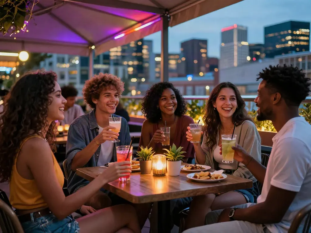 Friends enjoying a lively evening at an urban lounge featuring rokok 88 ambiance.