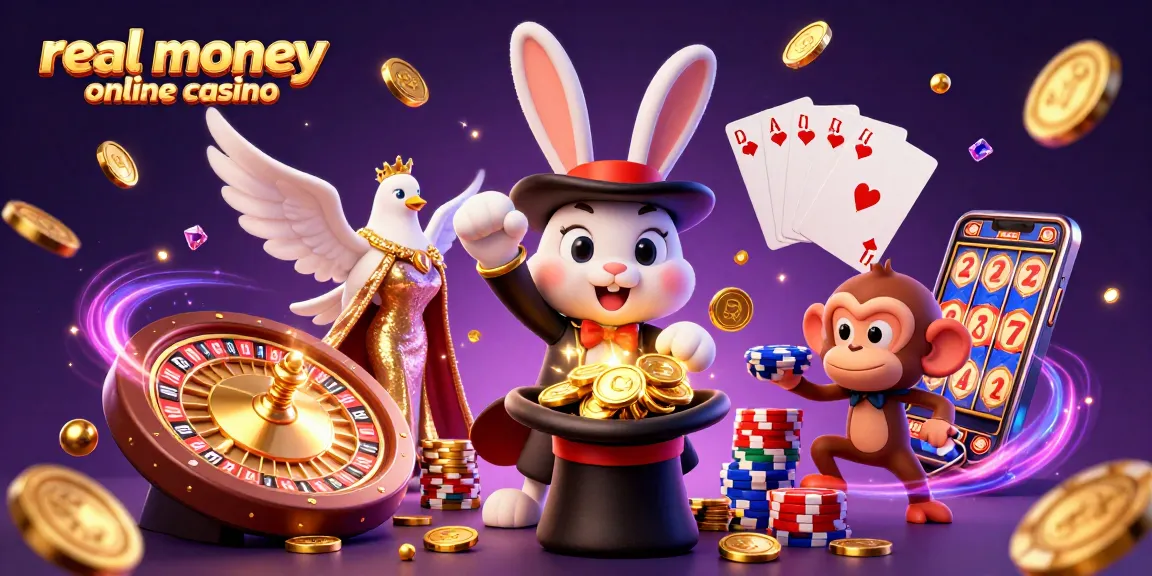 Experience the excitement of a real money online casino with 3D characters collecting coins and chips in a vibrant illustration.