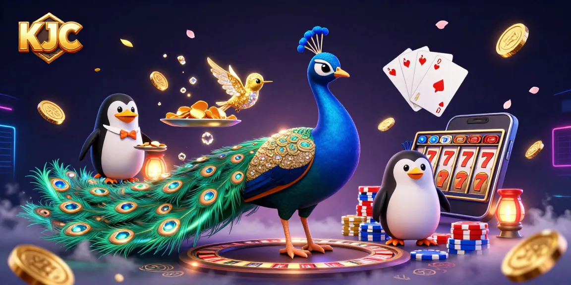 KJC features an aristocratic peacock and butler penguin amidst dazzling golden coins in a vibrant casino scene.