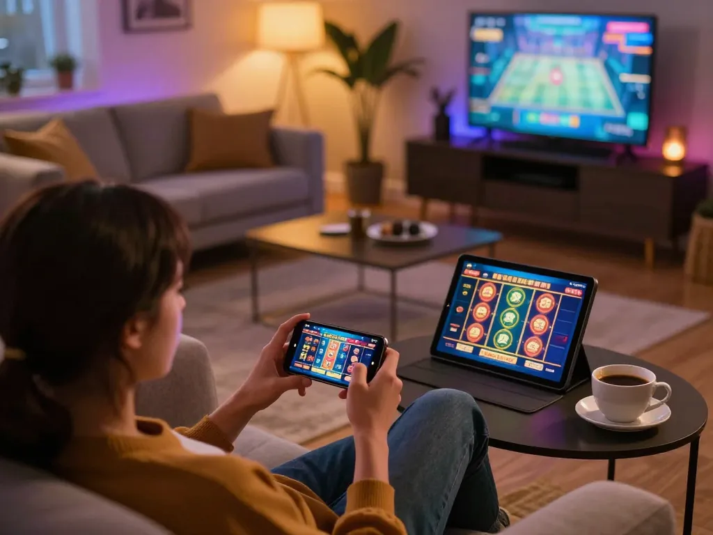 OnBet player enjoying a mobile casino game on smartphone at home with cozy setup
