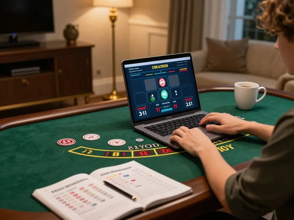 Experience live dealer baccarat on 88aa com in a stylish home gaming setup with strategic notes.