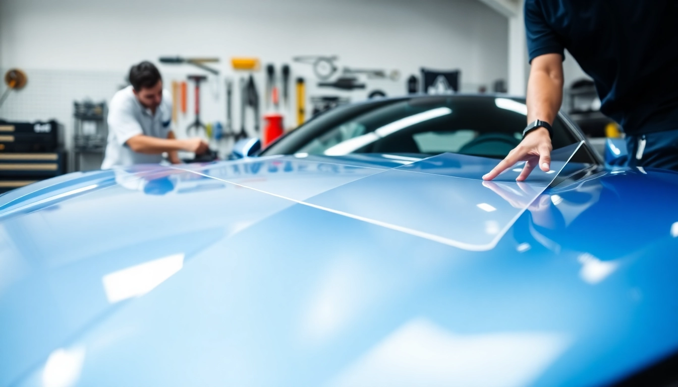 Applying paint protection film near me on a new sports car to preserve its shine and quality.