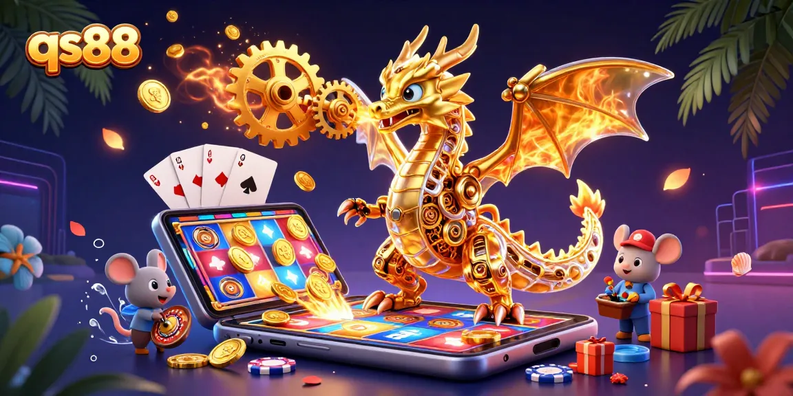 Engage with thrilling games at qs88, featuring a golden dragon and festive casino elements.
