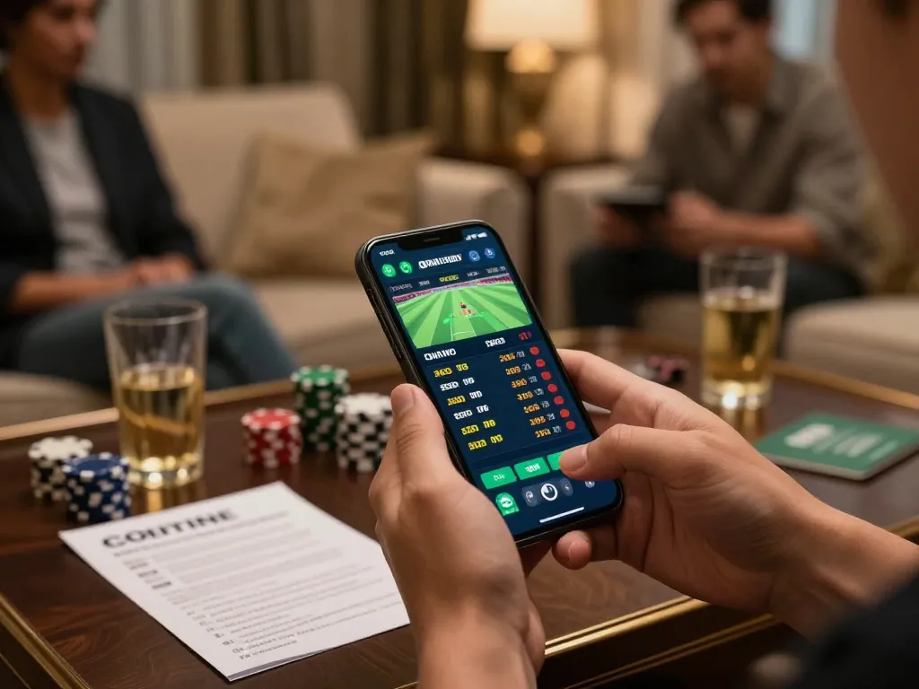 32win user analyzing odds on a smartphone in a cozy home setting for sports betting.