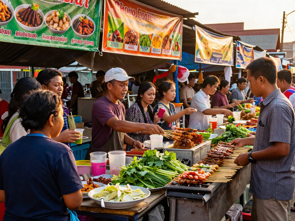 roko88 street food vendors serving colorful Indonesian dishes at sunset