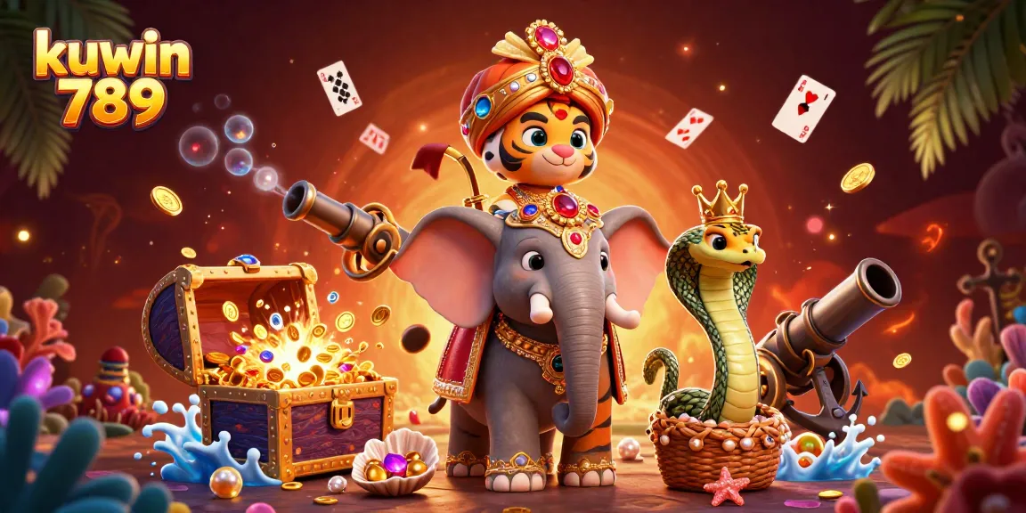 A vibrant 3D scene showcasing kuwin 789 with gaming elements around a maharaja tiger, introducing online betting adventures.