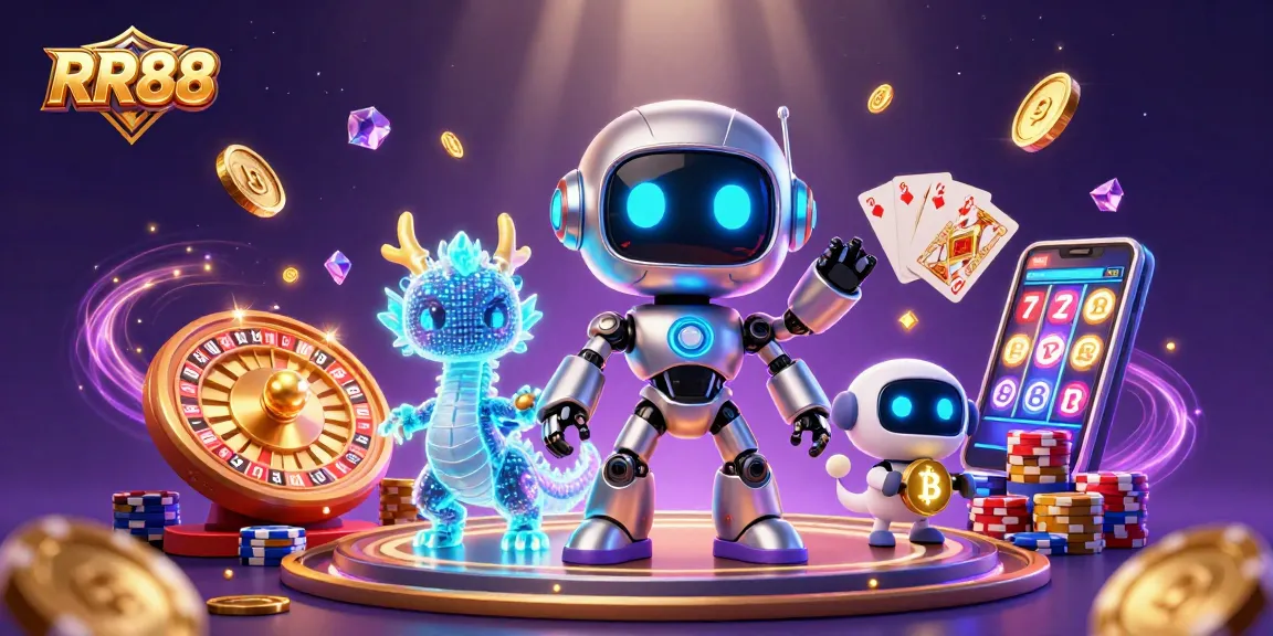 RR88 engages players with an ultra-detailed 3D scene featuring a cyberpunk robot, AI dragon, and bitcoin drone amidst dynamic casino elements.