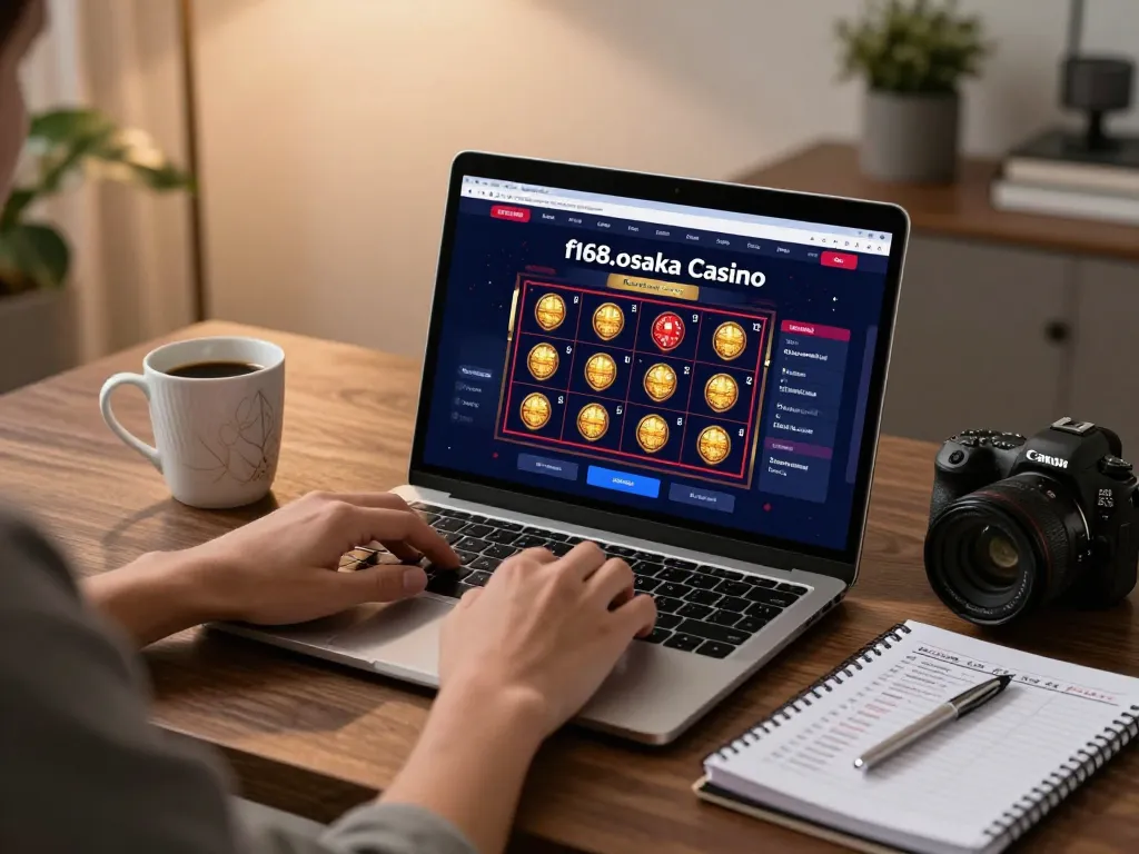 Player using f168.osaka to place bets on an online slot game at home, showcasing responsible gaming.