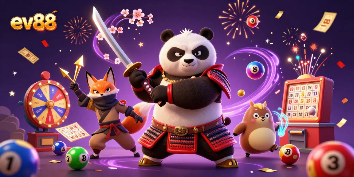 Spin to win with ev88 as you join the fierce panda samurai and ninja fox in a vibrant casino scene.