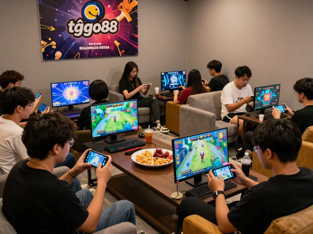 Gamers enjoying tải go88 application in a vibrant lounge atmosphere with engaging graphics and social interaction.