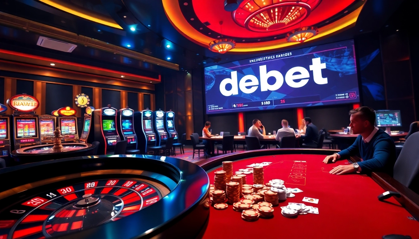 Engaging scene of sophisticated gamblers using debet at a vibrant casino table.