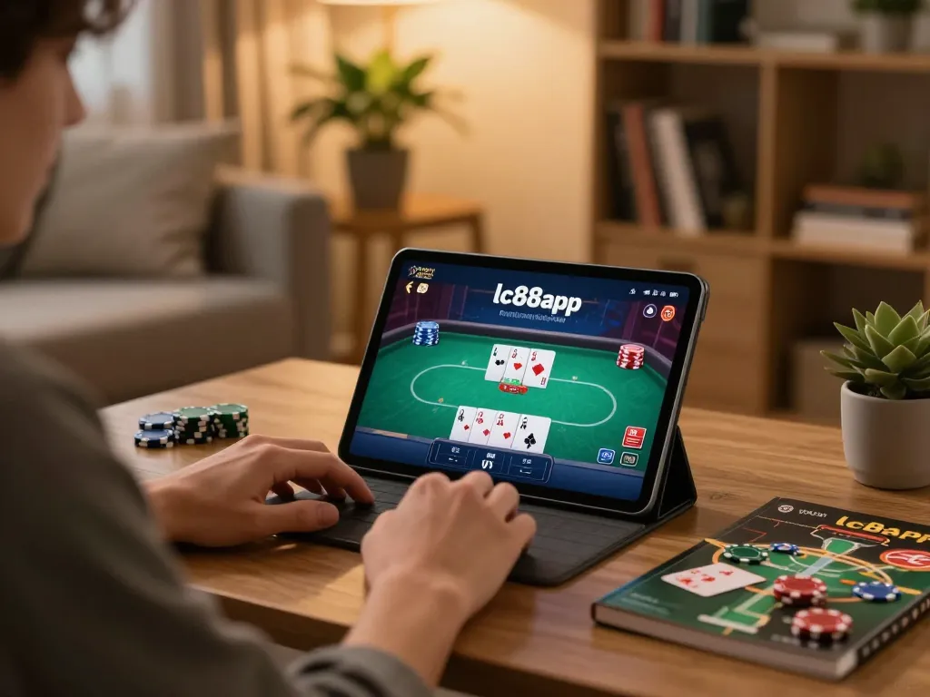 Engaging with the lc88app on a tablet for online poker strategy in a cozy living room.